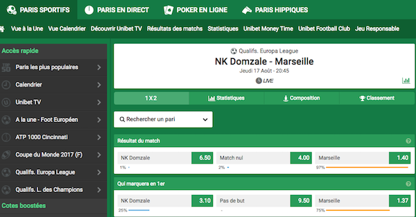Pari Domzale Marseille en ligne