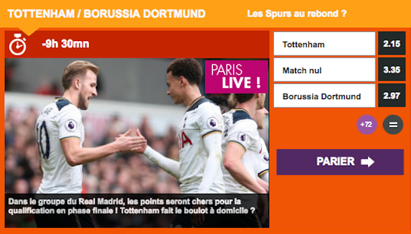 Pari sportif Tottenham - Dortmund joa online