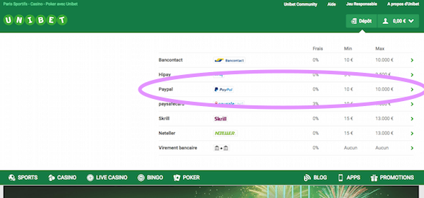 Unibet Paypal depot