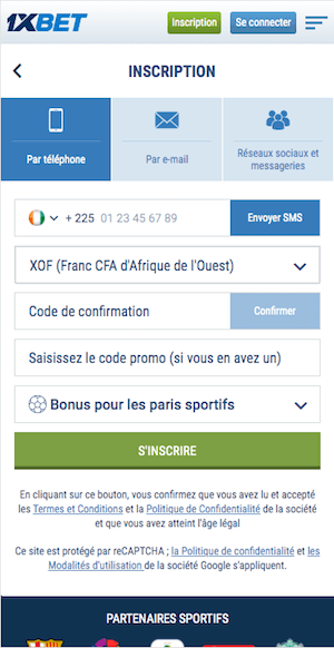 inscription 1xbet sur mobile