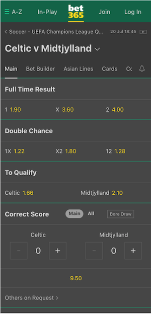 cotes Celtic Glasgow vs Midtjylland