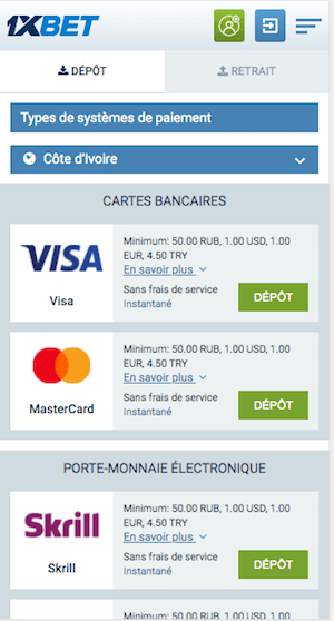 paiement 1xbet 