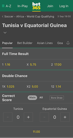 cotes bet365 tunisie vs guinee equatoriale