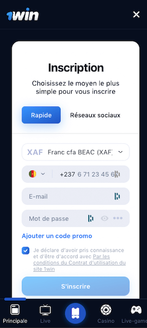 1win cameroun inscription