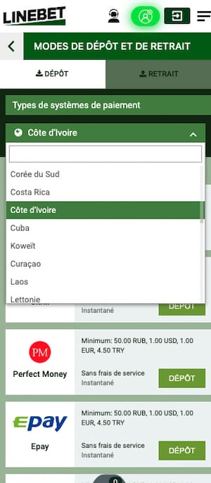 paiement linebet sur mobile
