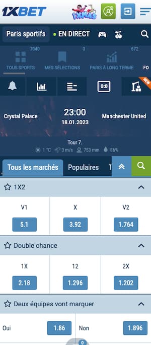 parier crystal palace man united avec 1xbet