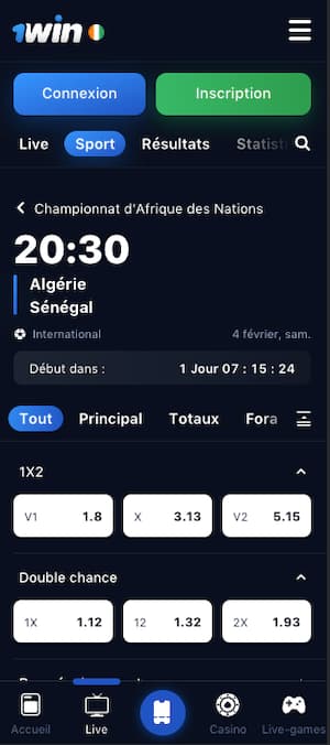 cotes algerie vs senegal avec 1win