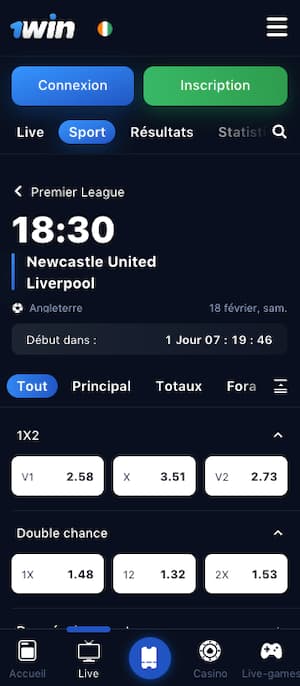 cotes newcastle vs liverpool avec 1win