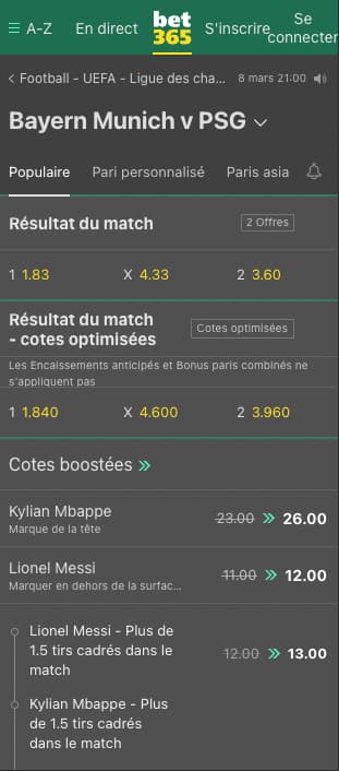 cotes bayern vs psg avec bet365