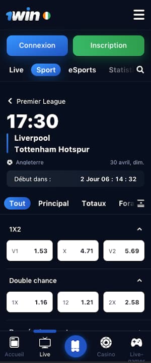 cotes liverpool vs tottenham chez 1win