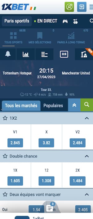 cotes tottenham vs man united chez 1xbet