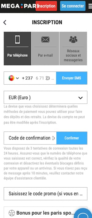 inscription Megapari sur mobile