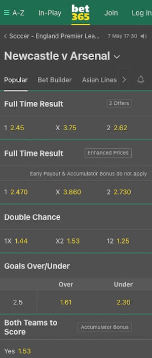 cotes newcastle vs arsenal sur bet365