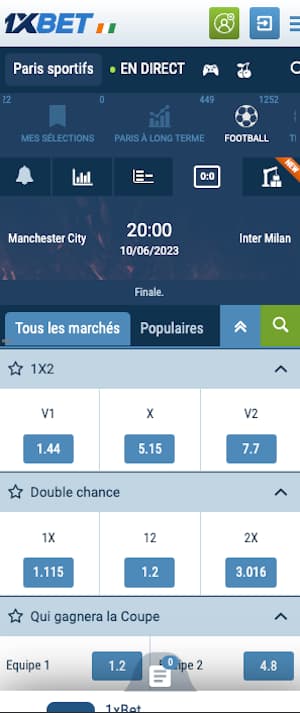 cotes man city vs inter milan sur 1xbet