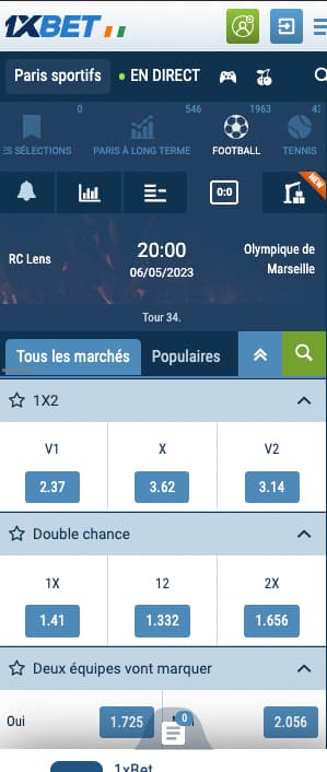 cotes 1xbet pour rc lens vs marseille