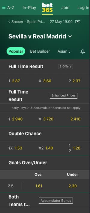 cotes fc seville real madrid chez bet365