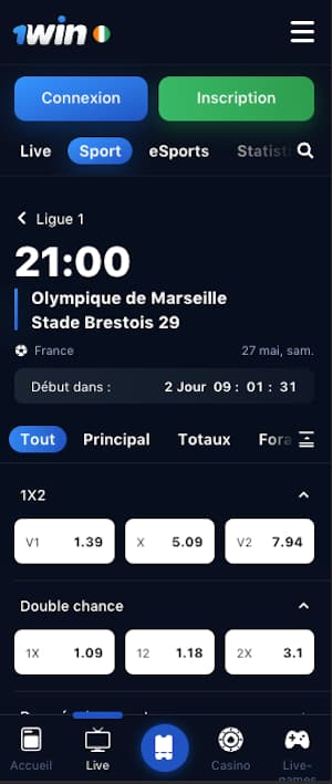 cotes marseille vs brest sur 1win