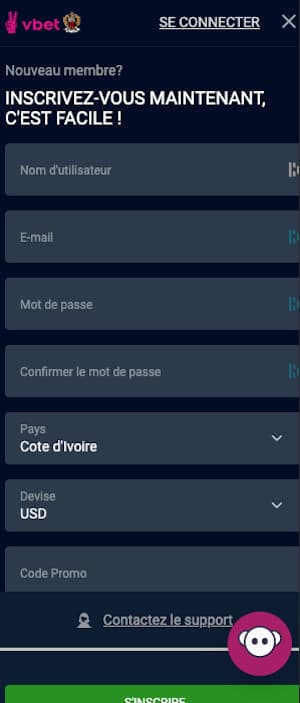 vbet inscription sur mobile