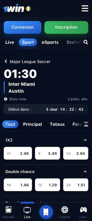 cotes inter miami vs austin sur 1win