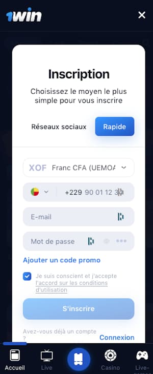 1win Benin inscription