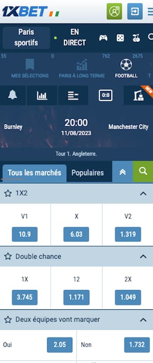 cotes burnley vs man city avec 1xbet