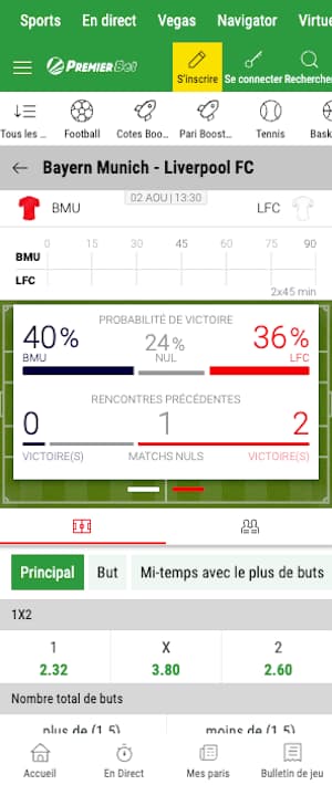 cotes bayern vs liverpool avec premier bet 