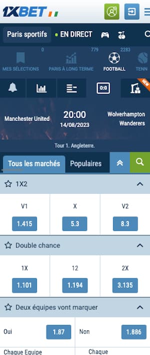 cotes man united vs wolves avec 1xbet