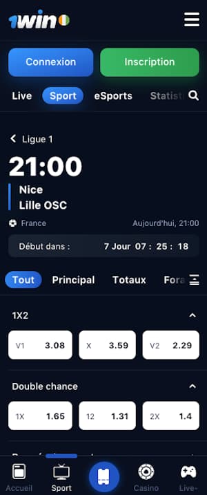 cotes nice vs lille avec 1win