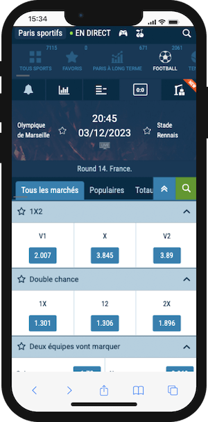 cotes marseille rennes sur 1xbet