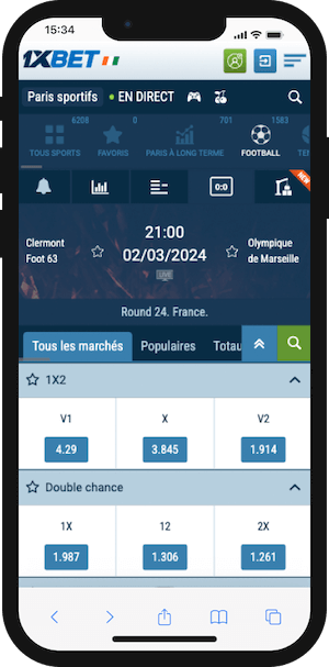 cotes clermont marseille sur 1xbet