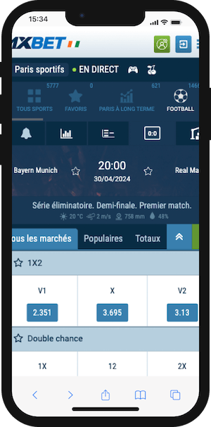 parier bayern vs real avec les cotes 1xbet