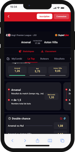 cotes arsenal vs aston Villa sur betclic